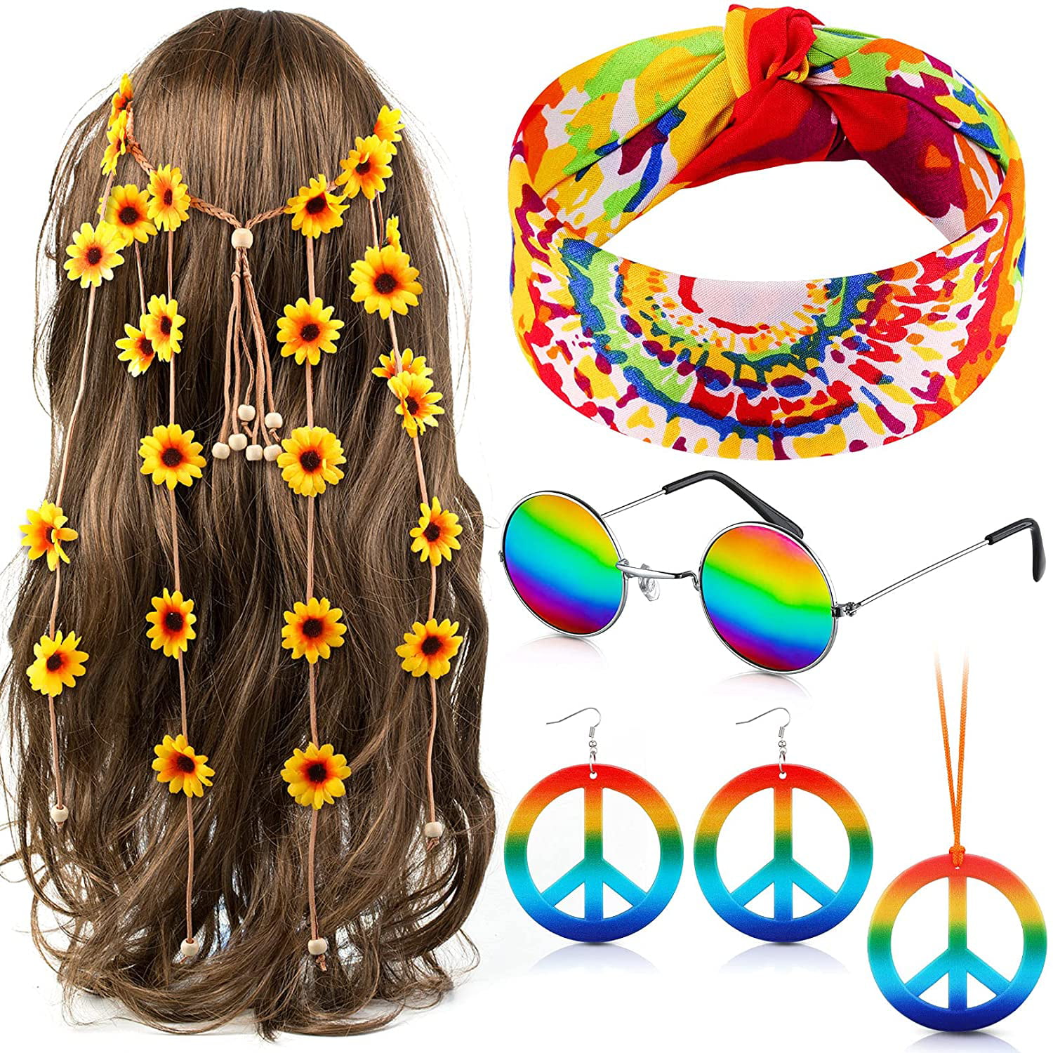 5 Pieces Hippie Costume Set Tie-Dye T-Shirt Rainbow Peace Sign Necklace Earring Sunflower Headband and Sunglasses 