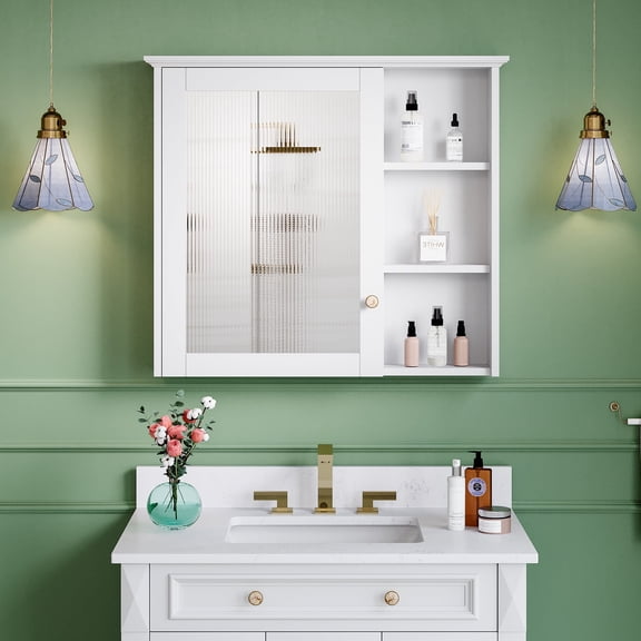 ANGELES HOME 34"x 30" Wall Mounted Bathroom Medicine Cabinet with Mirror, 6 Tier Wooden Mirror Cabinet Organizer Spacesaver with Shelves Single Soft-Close Door, White