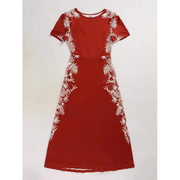 Asisol Women's Printed Maxi Dress Short Sleeve, Crew Neck, Elegant Casual Party Dress