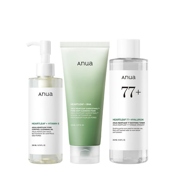 Anua Heartleaf Trio : Heartleaf Pore Control Cleansing Oil & Heartleaf Quercetinol Pore Deep Cleansing Foam & Anua Heartleaf 77 Soothing Toner, Double Cleansing, Gentle Korean Skin
