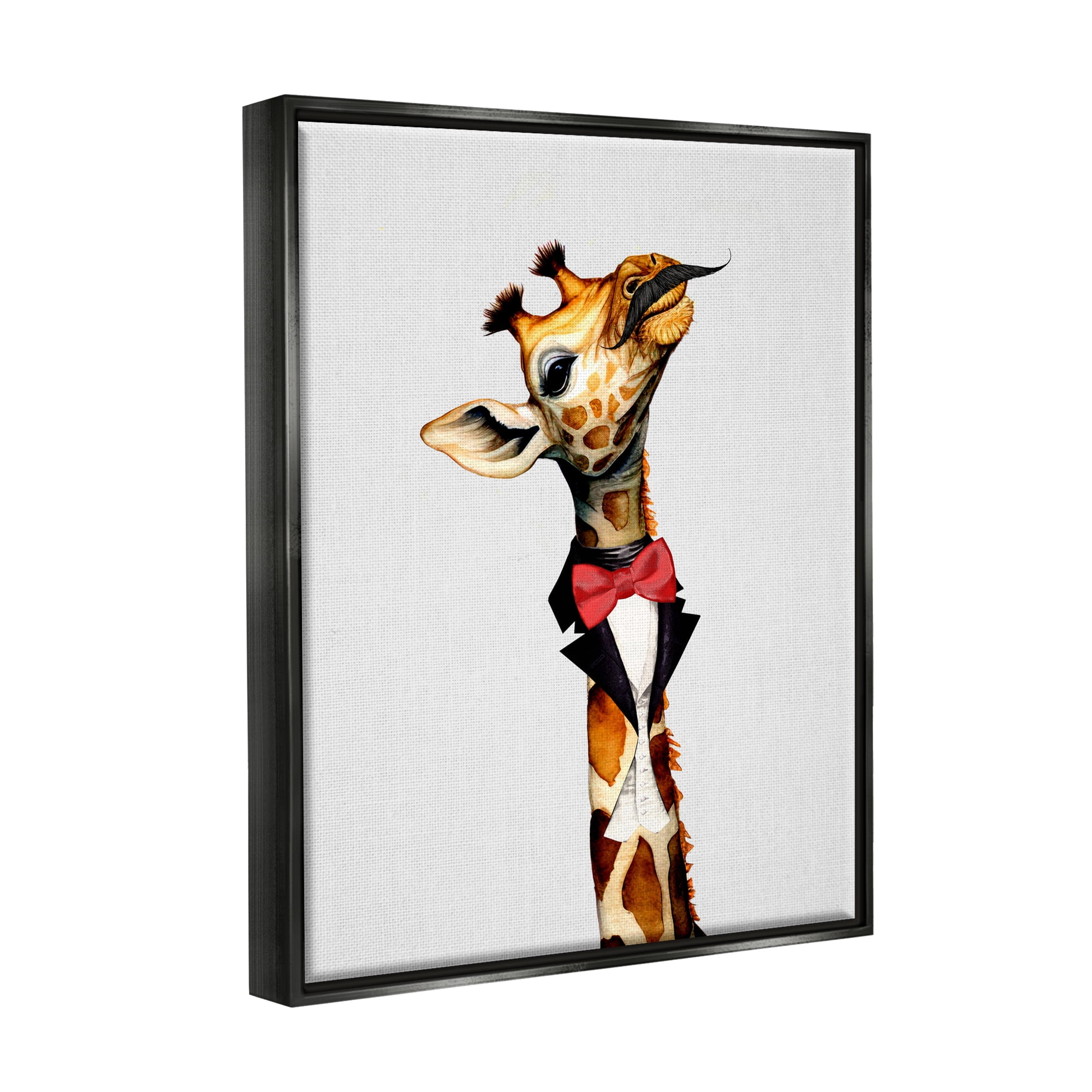 Stupell Industries Mustache Giraffe with Bowtie Animals & Insects Painting Black Floater Framed Canvas Art Print Wall Art, 25 x 31