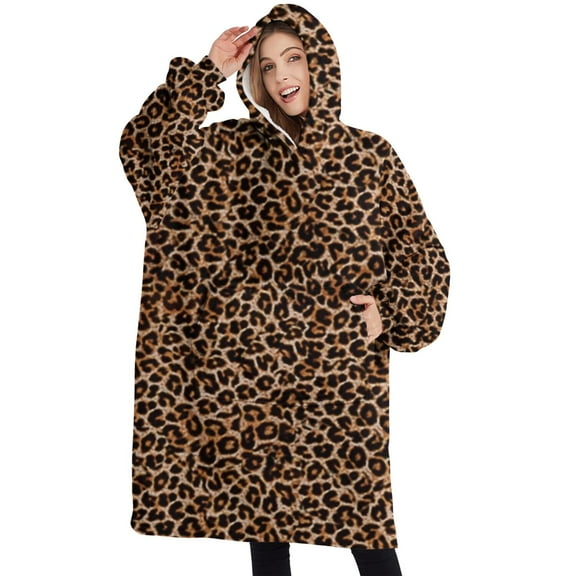Oversized Wearable Blanket Hoodie,Brown and Black Leopard Print Sherpa Blanket Hoodie with Super Pockets,Super Warm Fuzzy Pullover for Women & Men
