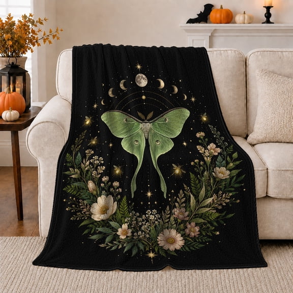 Green Luna Moth beneath Moon Phases and Stars, Mystical Botanical Style for Moth Lovers, Celestial Garden Motif and Birthday Gift, Cozy Flannel Blanket for Bedroom and Reading Nook, Home Decor