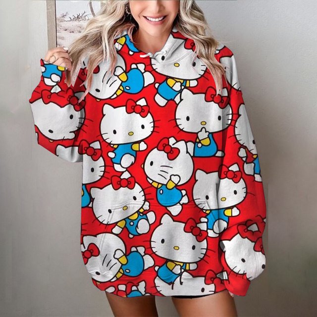Sudadera con capucha y estampado de HELLO KITTY para mujer, suéter informal holgado de manga larga en blanco y rosa, sudadera fina y elegante de talla grande para mujer
