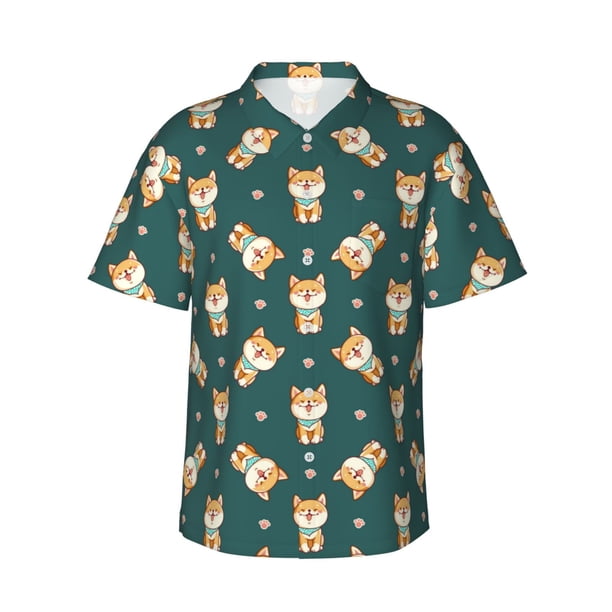 Fotbe Cute Shiba Camisa Hawaiana para Hombre Unisex – Camisa Casual de Verano con Botones de Manga Corta de Algodón y Lino,Large