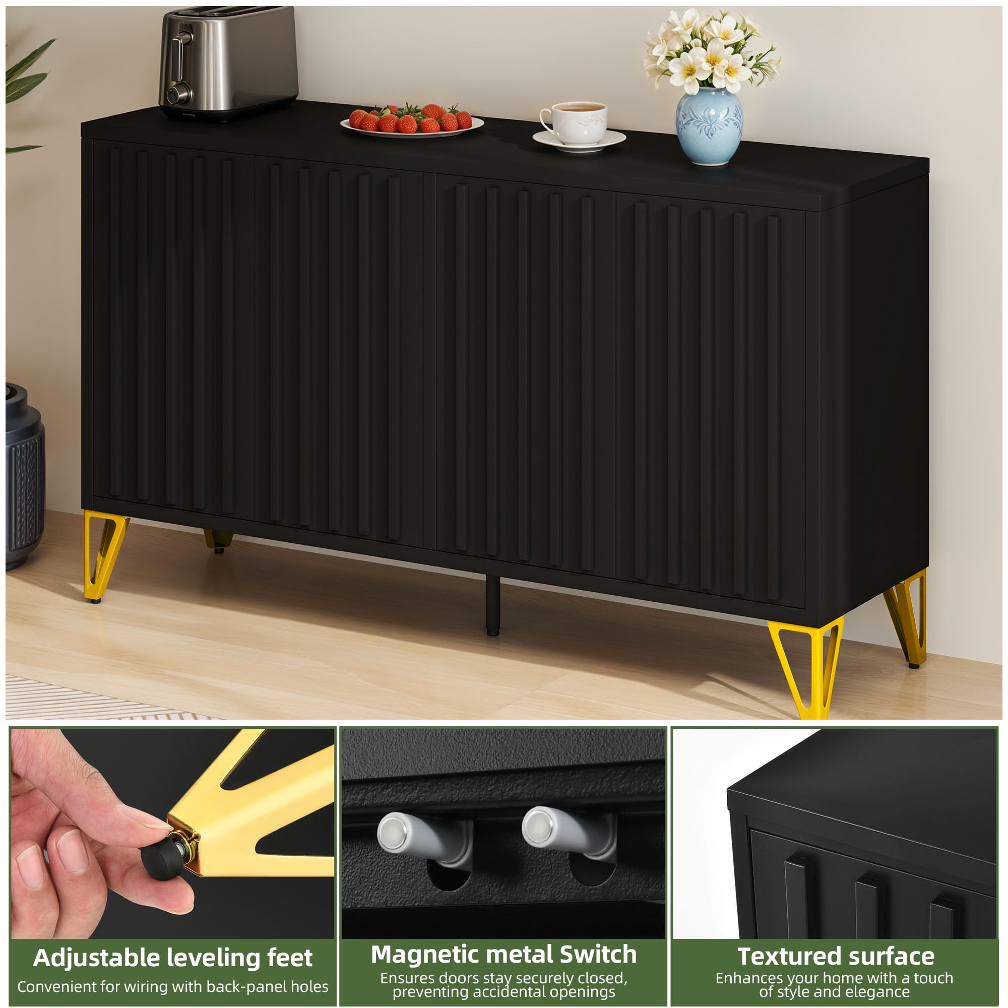 Uforic Metal 54.5" Kitchen Sideboard Cabinet with Shelves, Fluted Storage Cabinet with Doors, Black