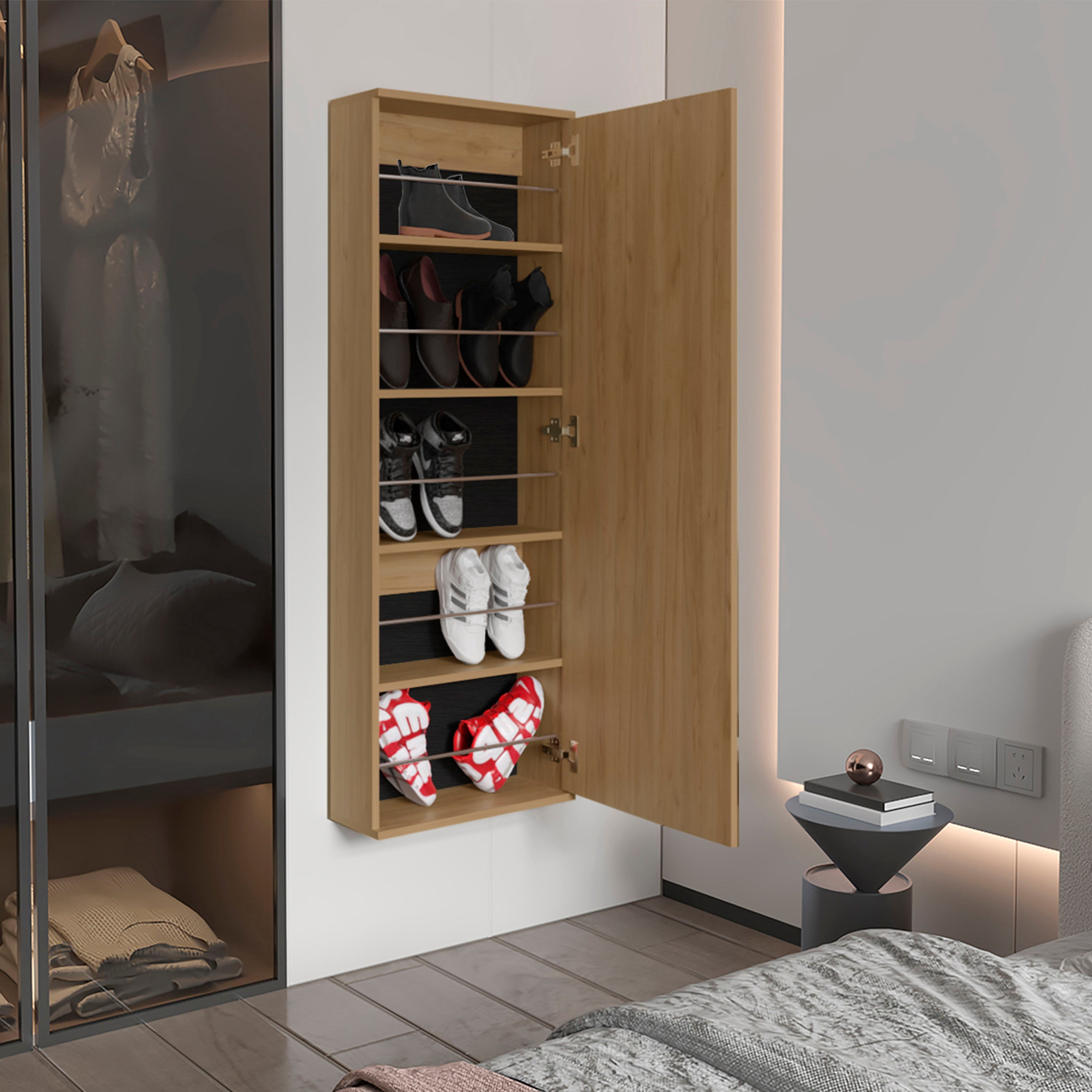 Leto Wall Mounted Shoe Rack with Full-Length Mirror, Single Door Cabinet, Space-Saving Vertical