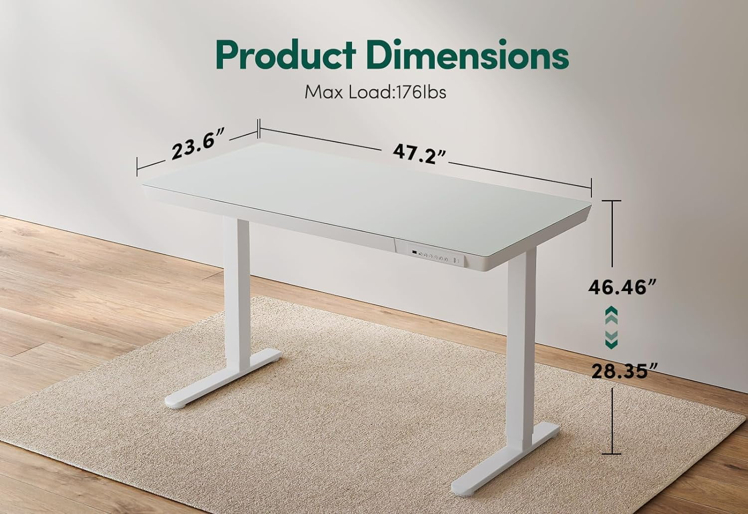 DESINO 48" Electric Standing Desk with Drawers, Whole-Piece Glass Adjustable Height Desk, One-Piece Adjustable Sit Stand Desk with USB Charge Ports, White