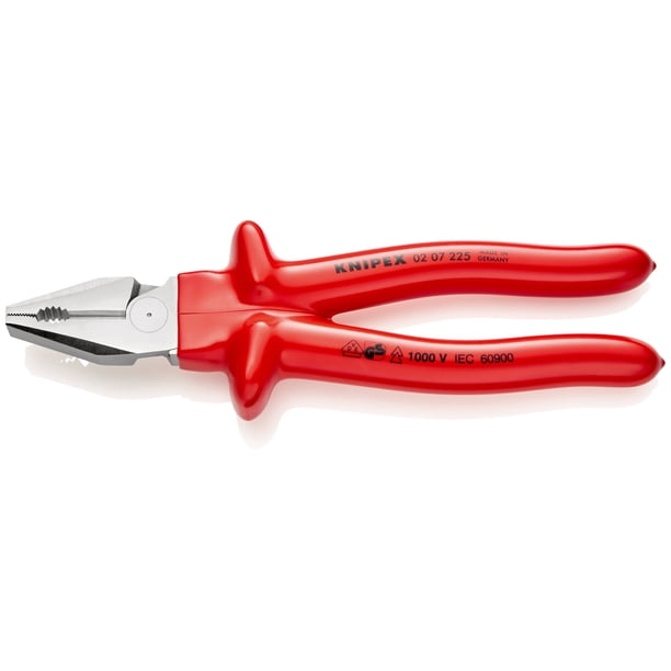 KNIPEX 02 07 225 Pinza universal para trabajos pesados aislados por inmersión en plástico reforzado, según norma VDE cromado 225 mm