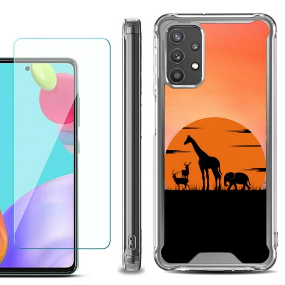 Shockproof Bumper Phone Case for Samsung Galaxy A52 5G, with Tempered Glass Screen Protector, by OneToughShield ® - Sunset Safari