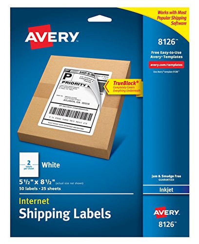 Avery Shipping Address Labels, Inkjet, 250 Labels, Half Sheet Labels, Permanent, TrueBlock (5-pack 8126)