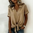 thumbnail image 4 of Ecqkame Womens Summer Tops Short Sleeve Cotton Linen Turndown Collar Tie Hem Shirts Casual Solid Color Lightweight Pullover Blouses Khaki XXXL, 4 of 5