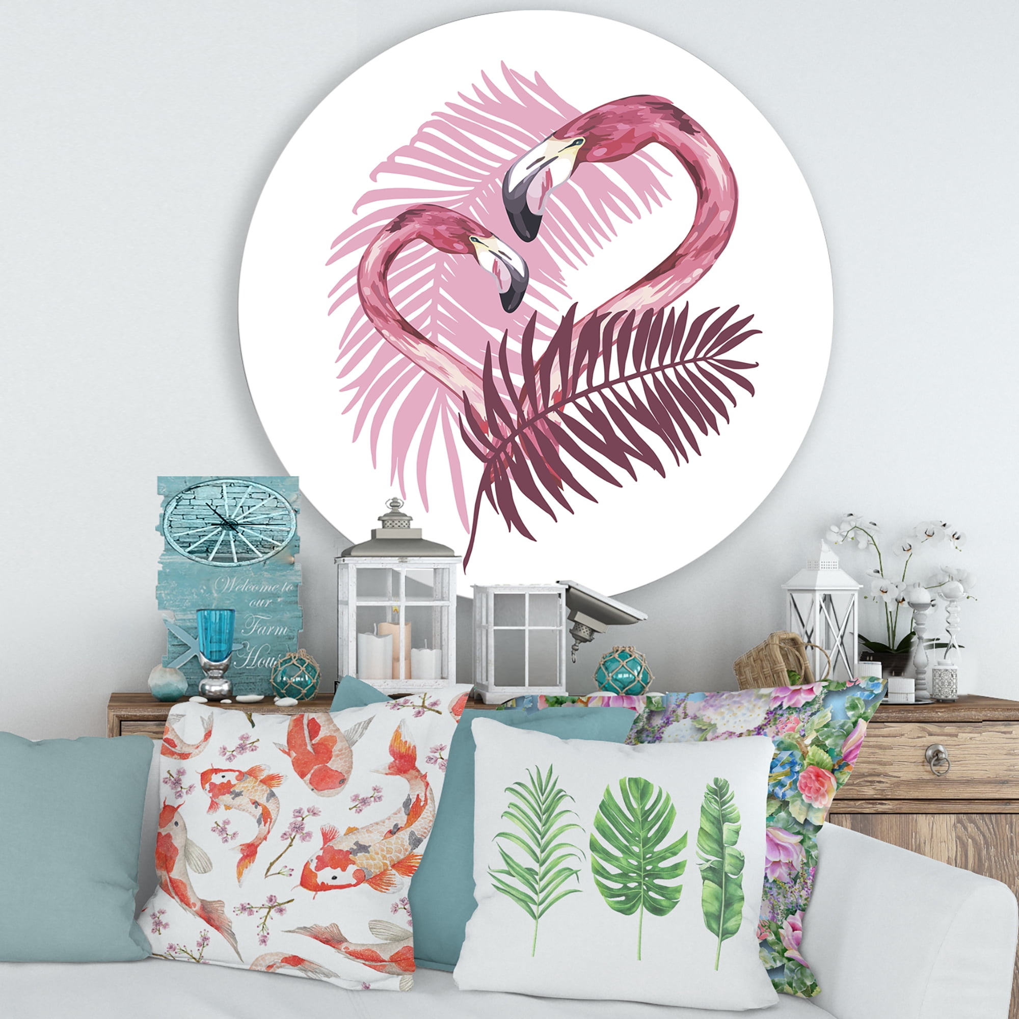 Designart 'Pink Flamingo In Tropical Summer II' Tropical Circle Metal Wall Art 36x36 - Disc of 36