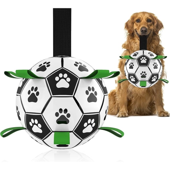 Dog Soccer Balls Toy with Bell Inside, Outdoor Interactive Toys for Tug of War, Puppy Birthday Gifts, Water Toy, Durable Ropes Squeaky Ball for Small Medium Dogs