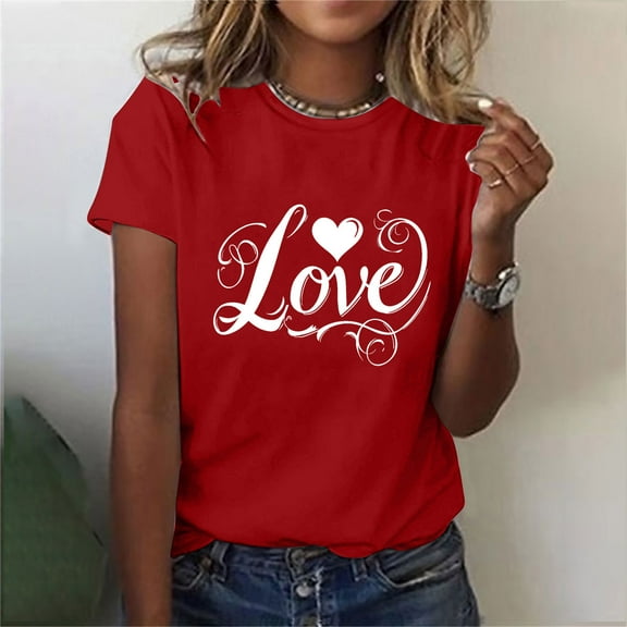 Yotami Plus Size Love Graphic Tee for Women Heart Pattern Summer Crew Neck Casual Summer Top Short Sleeve Valentine's Gift for Her