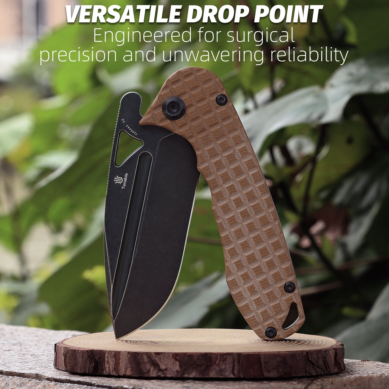 Tenable Bömbur Folding Pocket Knife 3.53'' Blackwash D2 Blade,Brown G10 with Frag Pattern Handle,T1054A2
