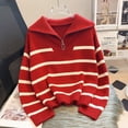 thumbnail image 4 of Casual Stripe Knitted Sweater Spring Autumn Fashion Vintage Half Zipper Pullover Women's Short Tops Loose Chic Sweaters (blue,XXL), 4 of 7