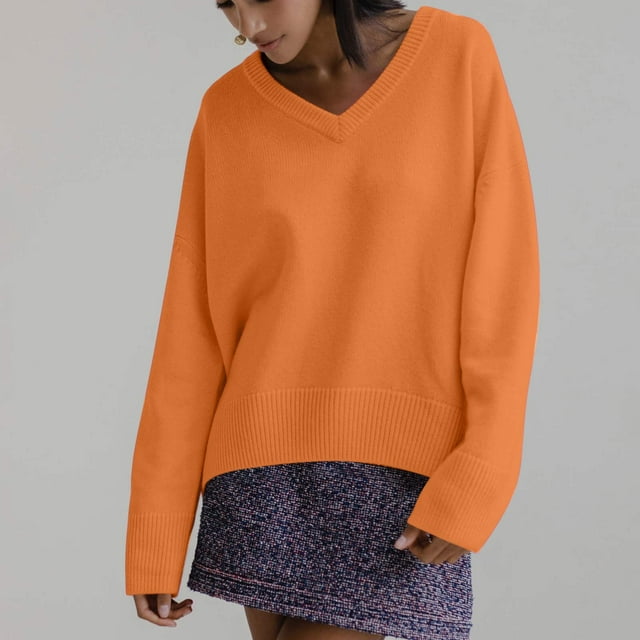 TIMIFIS Chandail Jaune pour Femme à Col en V Automne Décontracté Ample à Manches Longues Chandail d'Hiver Uni Tricoté Chandails