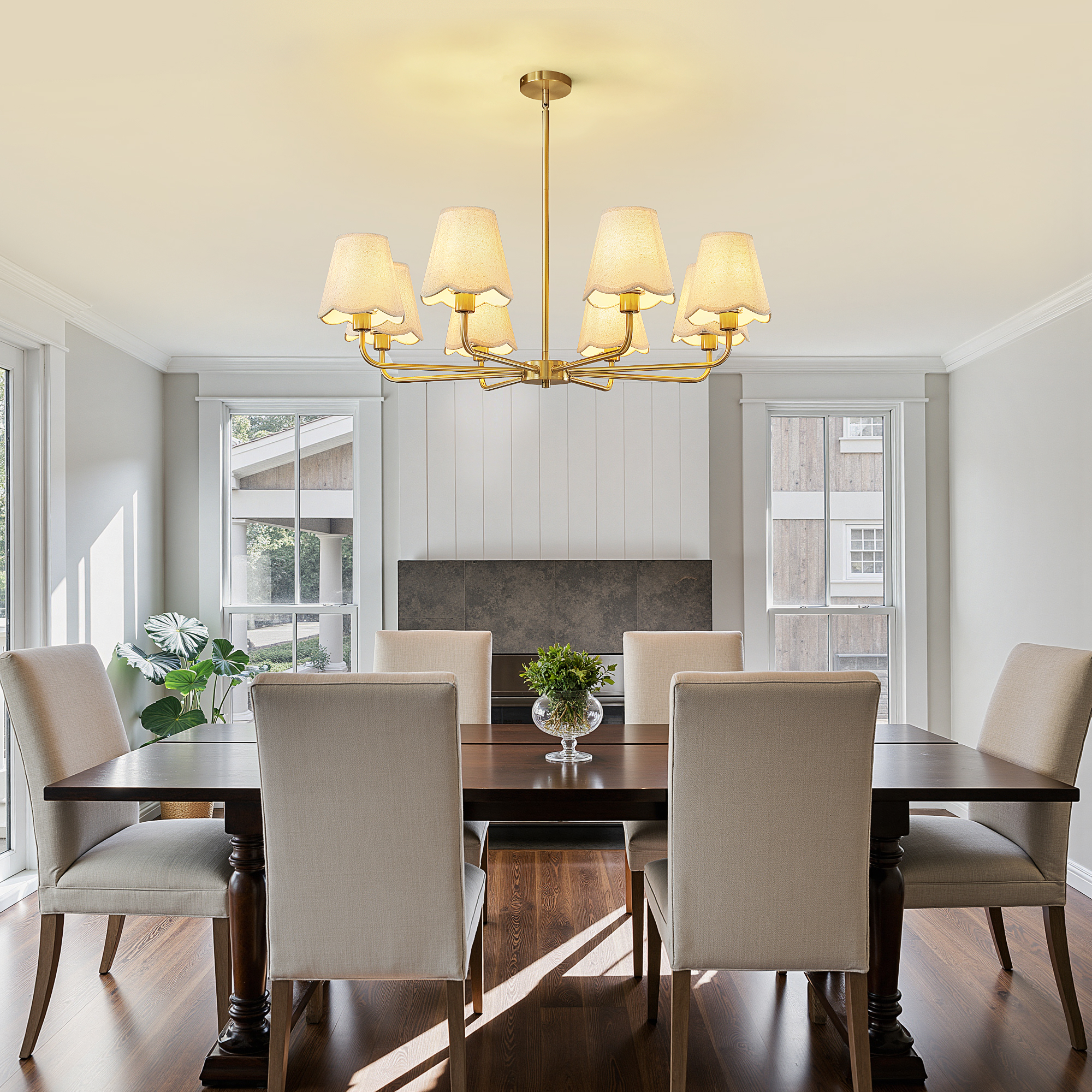 5-Light Gold Modern Farmhouse Chandelier with Wavy Fabric Shades for Dining Room