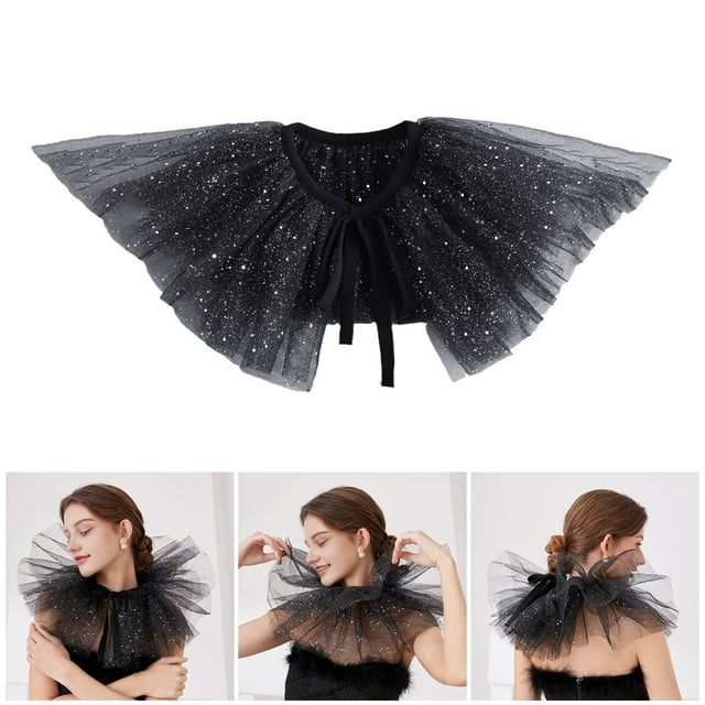 Victorian Retro Mesh Neck Ruff Collar Glitter Layered Ruffle Fake Collar Shawl Halloween Tulle Clown Choker for Renaissance Cosplay