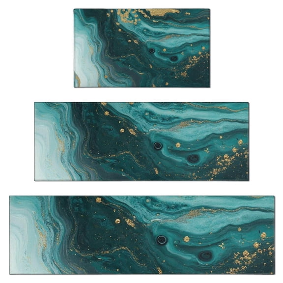 Teal Gold Marble Pattern Kitchen Rugs Sets Of 3,Kitchen Runner Rugs Non Skid Washable,Decorative Kitchen Floor Mats for Kitchen,Sink,Laundry,17"x30" 17"x47" 17"x59"