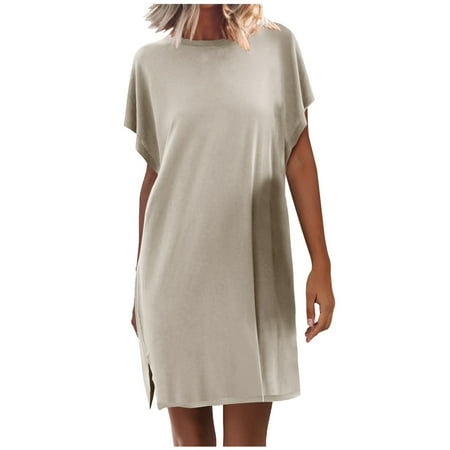 

Summer Casual Dresses for Women Pullover T Shirts Cap Sleeve Comfy Short Dress Slit Solid Homewear Pajama Dress