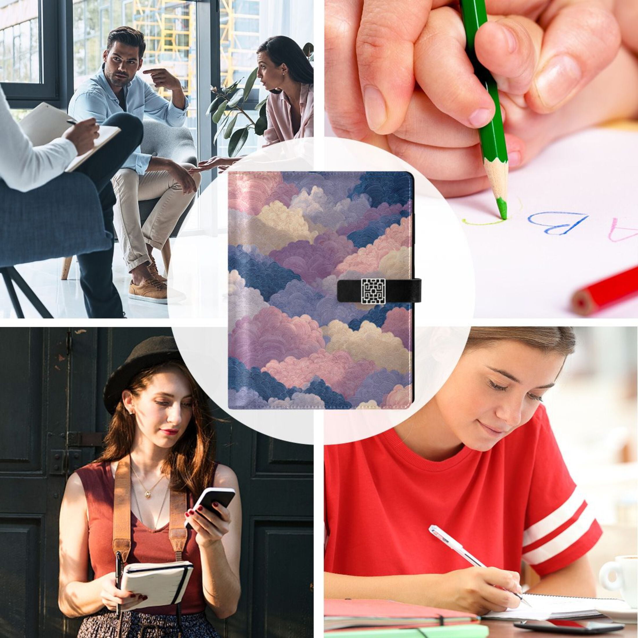 Leather Planner Leather Notebook Notebook Journal Binder Design Pen Pocket Design Convenient for Storage Purple Cloud Cartoon