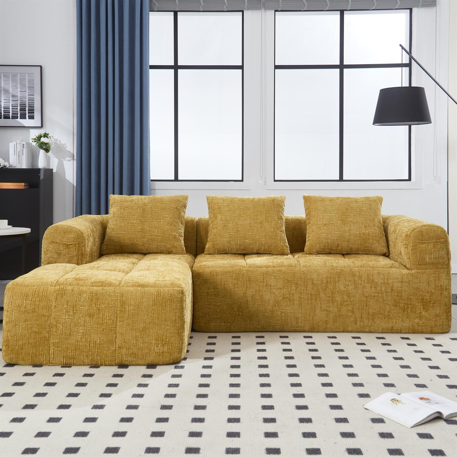Demi Bonn 98" L-Shaped Modular Sectional Sofa with Chaise, Side Pockets, Modern Comfort Couch, Compression-Free Installation for Living Room, Yellow