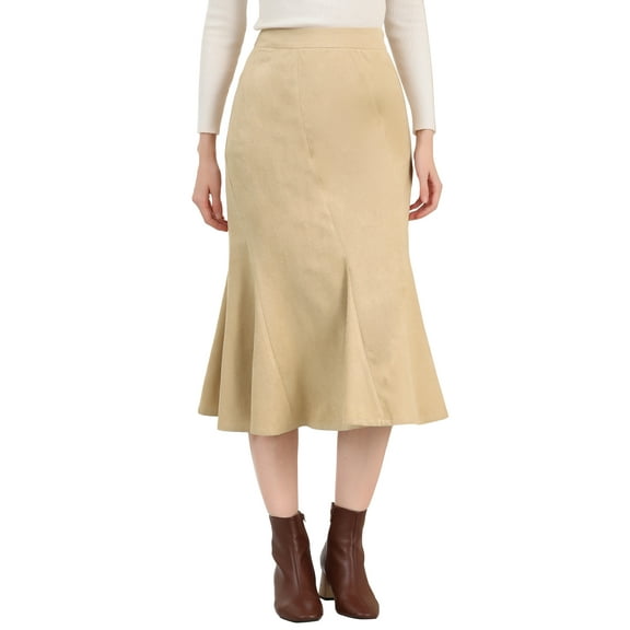INSPIRE CHIC Women's Faux Suede A-Line Elastic Back Retro Work Fall Midi Skirt M Apricot