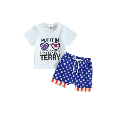

Qtinghua 4th of July Baby Boy Outfit USA Short Sleeve T Shirt Top American Flag Shorts 2Pcs Independence Day Clothes White A 3-6 Months