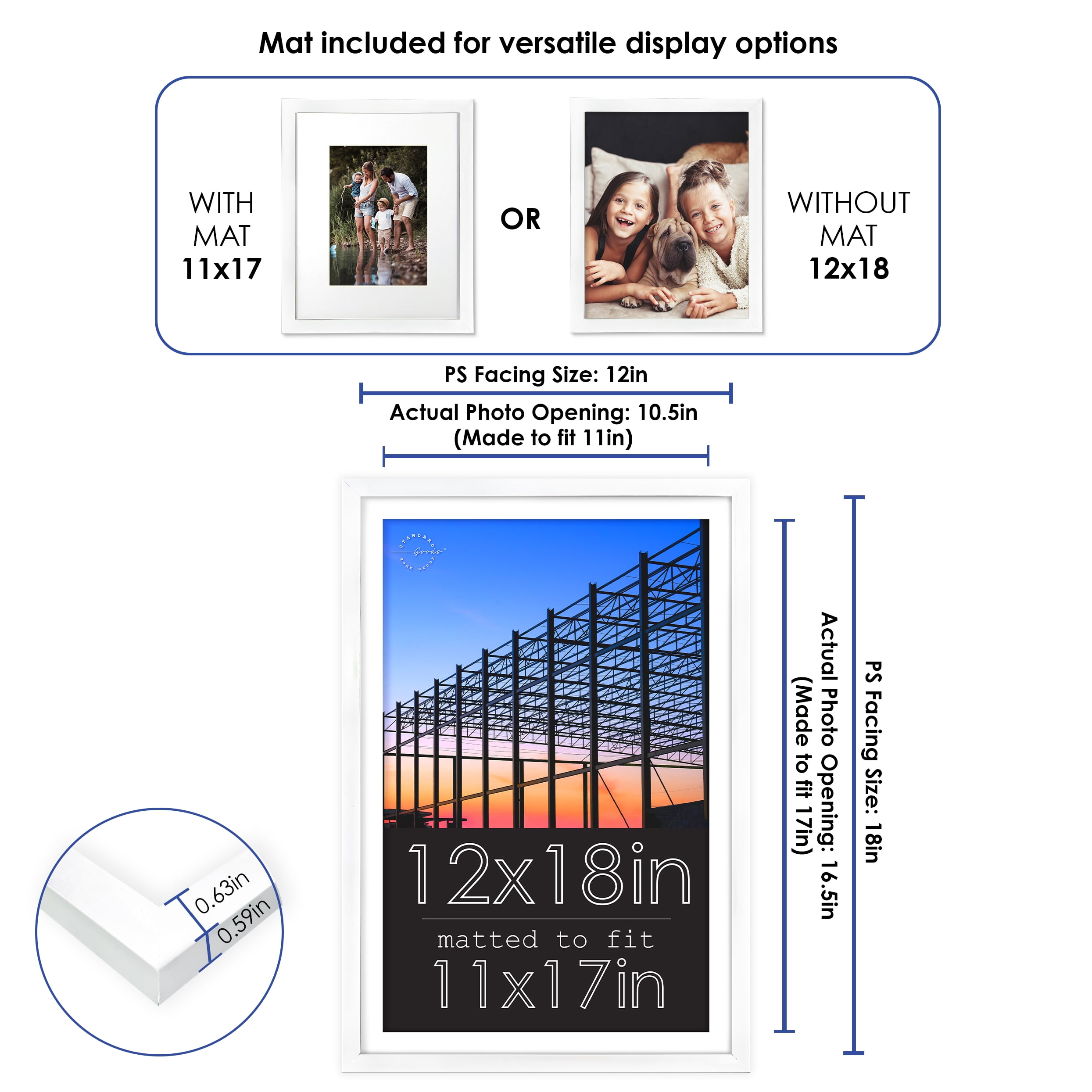 Standard Goods Home Décor 12x18 Matted to 11x17 White Linear Picture Frame, 5-Pack for Wall Display.