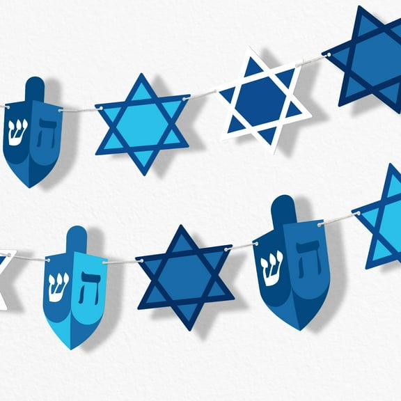 Big Dot of Happiness Hanukkah Garland Banner, Chanukah Holiday Party Decorations Backdrop, 30 Feet of Cord, 15 Paper Star of David & Blue Dreidel Shapes Double-Sided