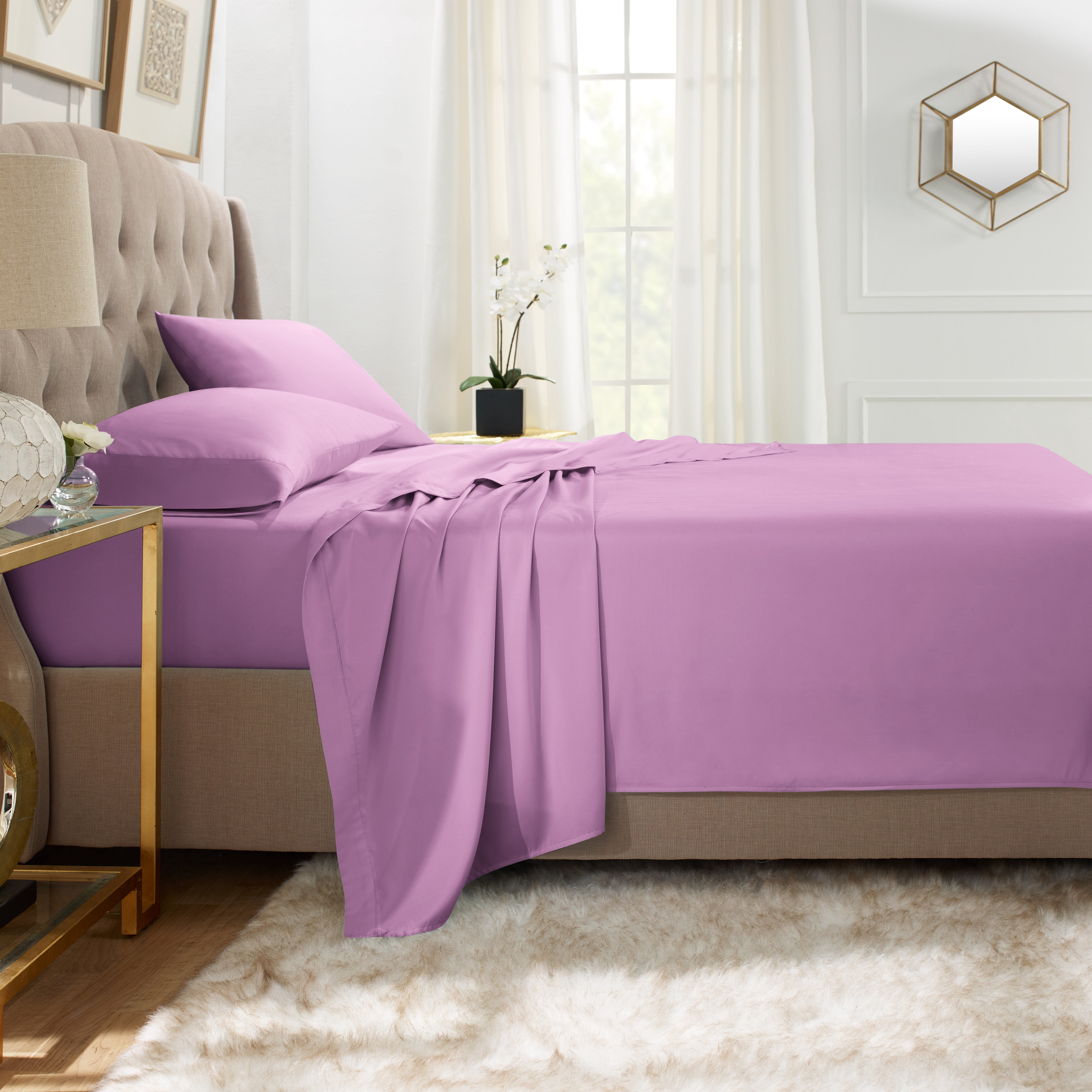 Hearth & Harbor Deep Pocket 3 Piece Solid Bed Sheet Set, 1800 Thread Count Microfiber Sheets, Twin-XL, Lavender Dream
