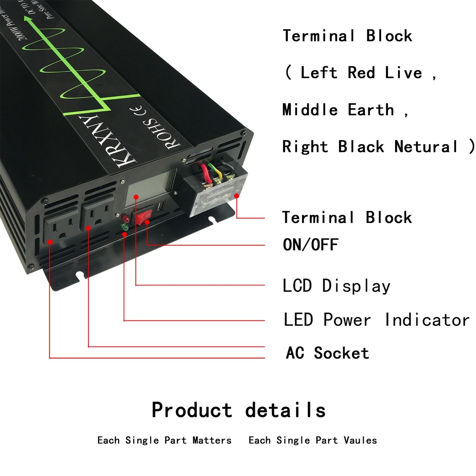 Solar Power Inverter Pure Sine Wave 3000W DC 24V AC 120V 60HZ Off Grid US Stock