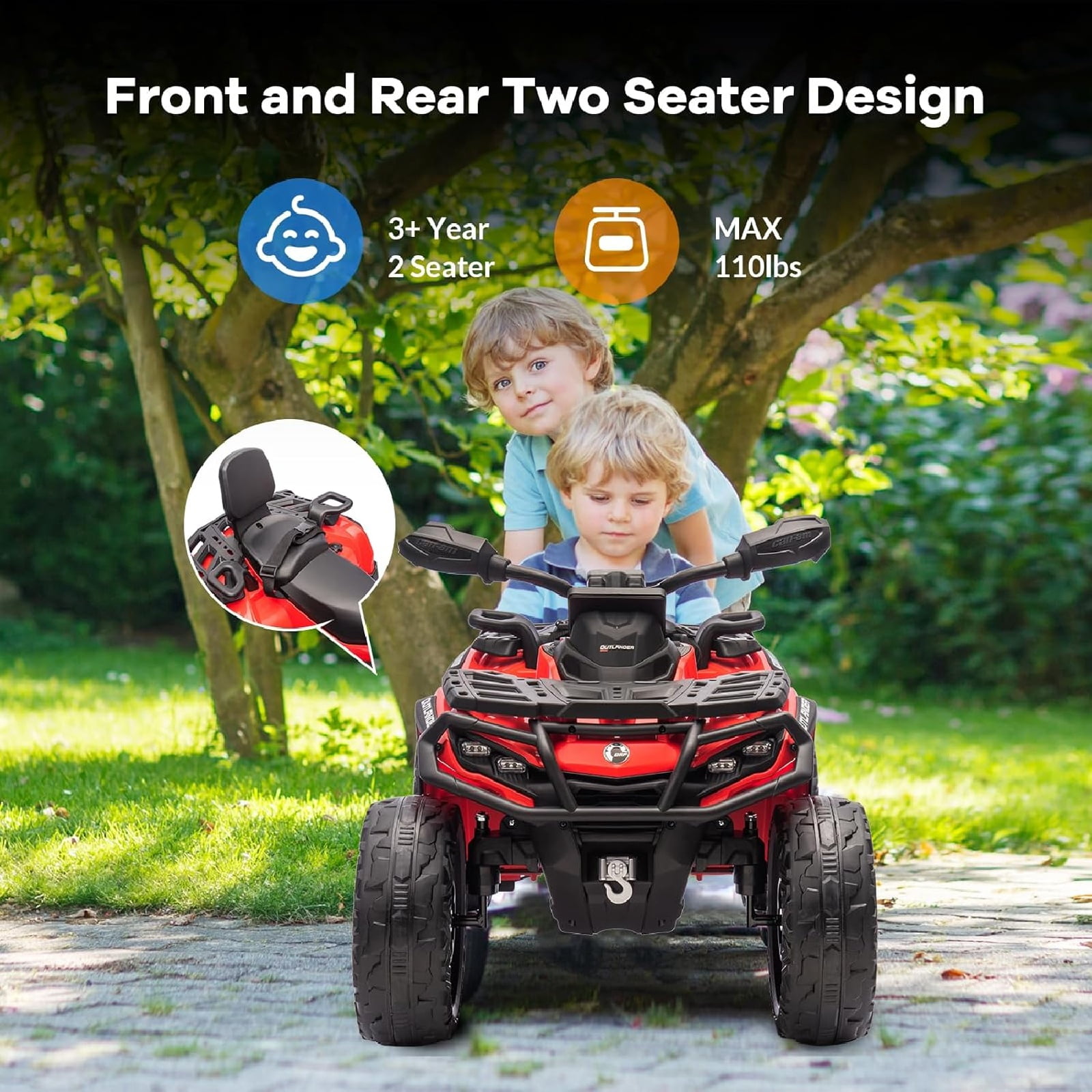 Electric Kids ATV, 12V Ride-On Toy Car for Toddlers, 4-Wheel Vehicle with 2-Seater, Remote Control, LED Lights, Music, and Spring Suspension, Electric Car for Kids, 2-4 Mph Safety Speed