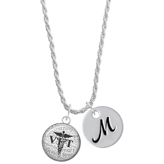 Delight Jewelry Silvertone Domed Black VET Silvertone Script Initial Disc - M - Charm Necklace, 20"+3"