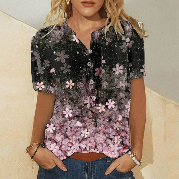 Spring Tops for Women Womens Tops Plus Size under $5 Fashion Women Round Neck Short Sleeve Print Button Pocket Casual Tops S-2XL