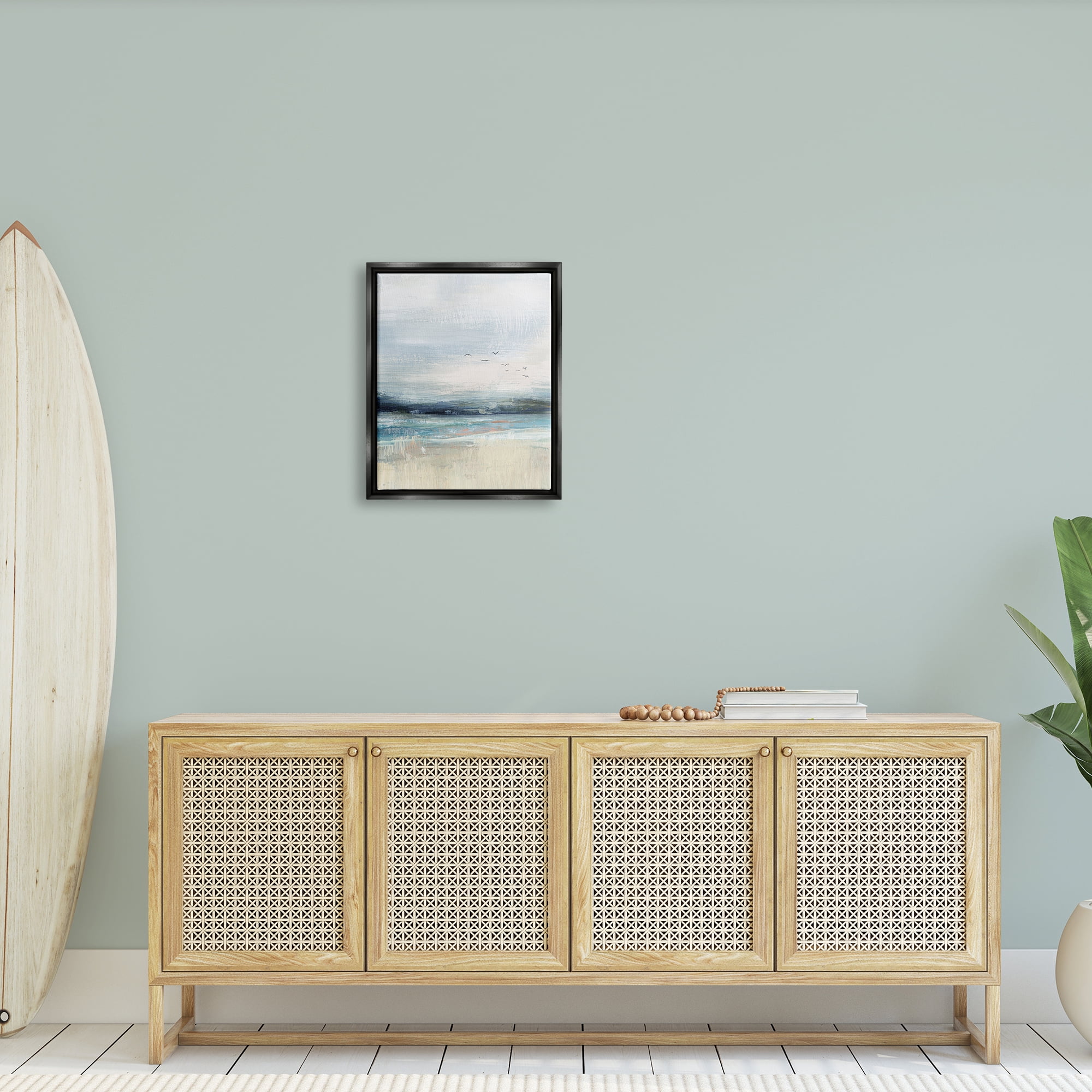 Stupell Brushed Ocean Seagulls Landscape Landscape Painting Black Floater Framed Art Print Wall Art