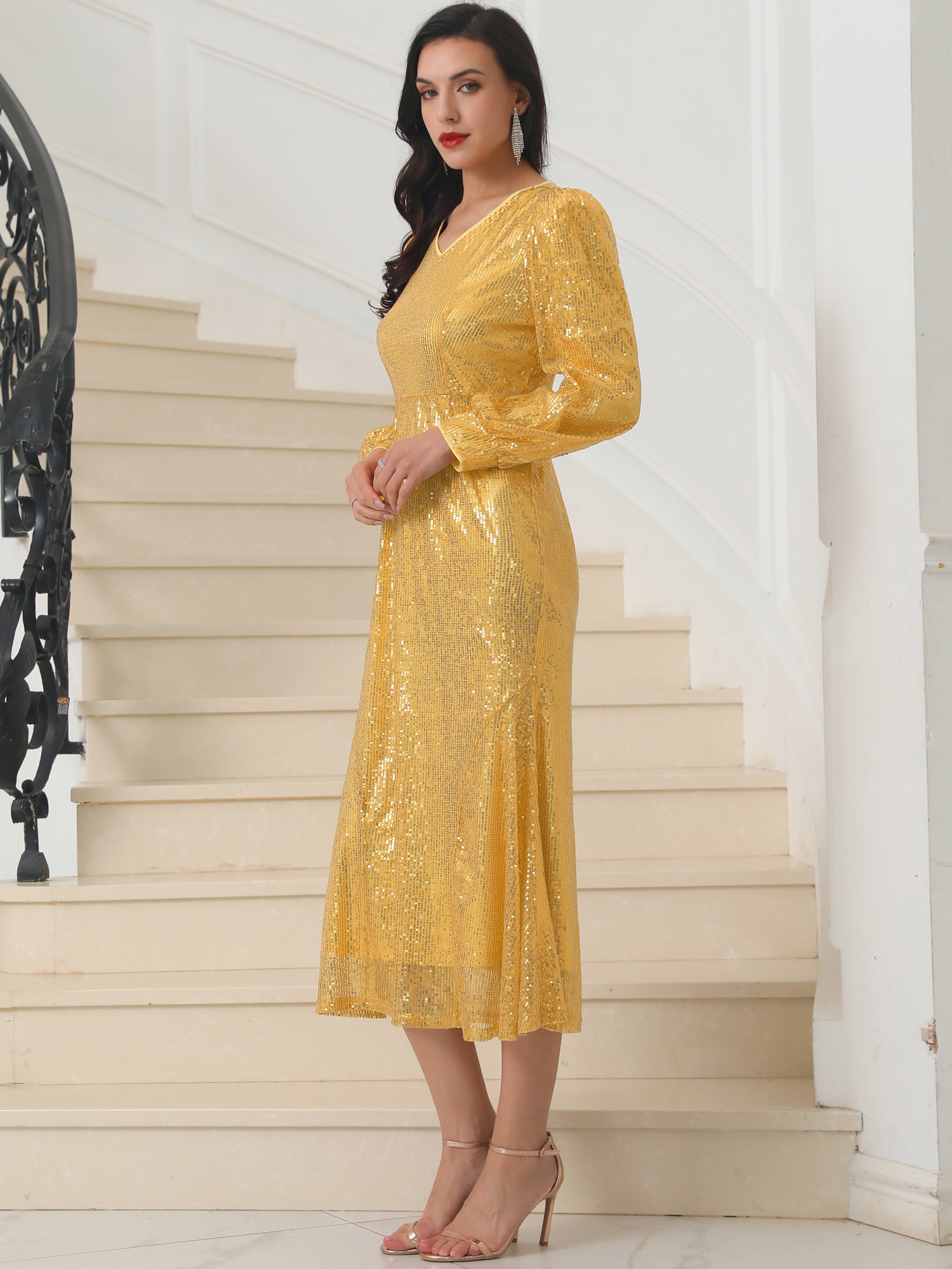 DARING DIVA V-Neck Sequin Long Sleeve Cocktail PromDress XL Gold