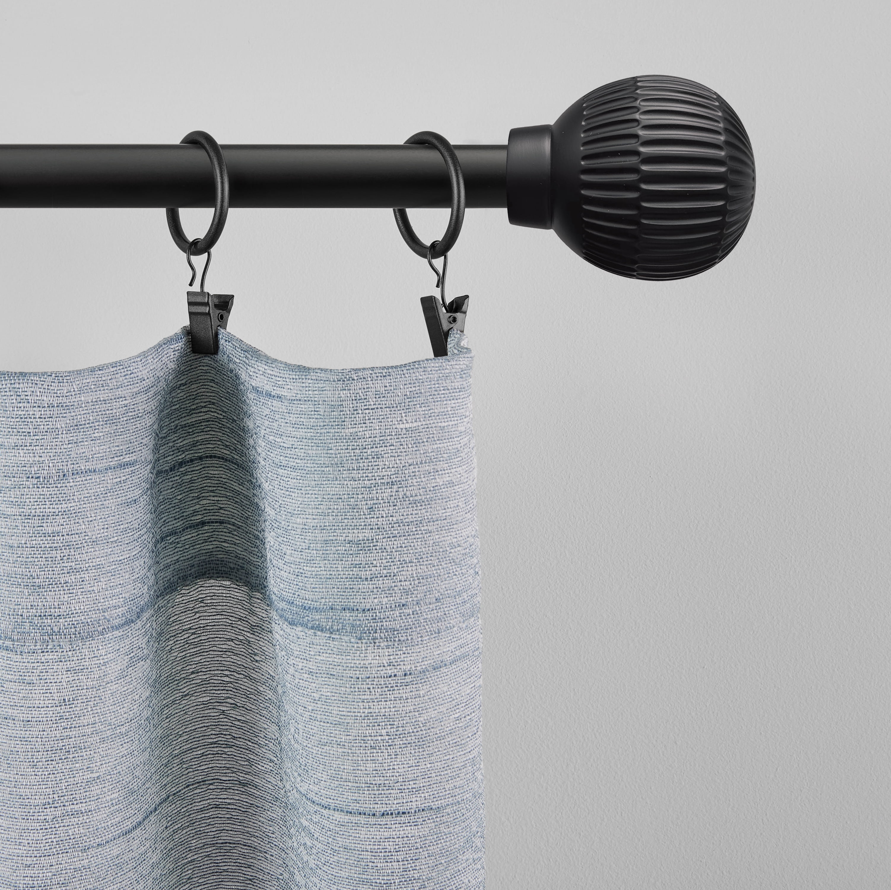 Mainstays 3/4" Matte Black Ribbed Ball Adjustable Single Curtain Rod, 30-84"