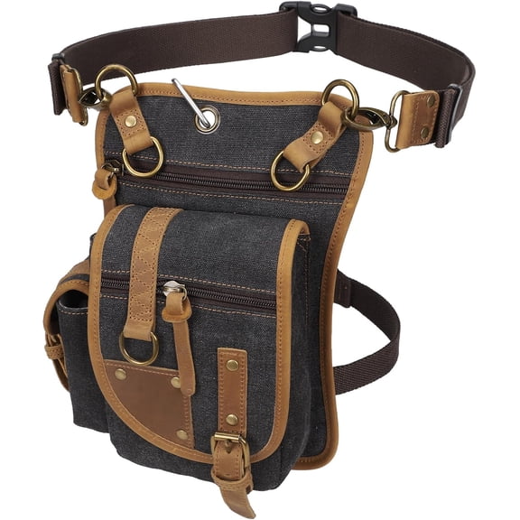 KL928 Vintage Canvas Waist Bag with Leather Accents, Multi-Pocket Design Fanny Pack for Men and Women(Black)