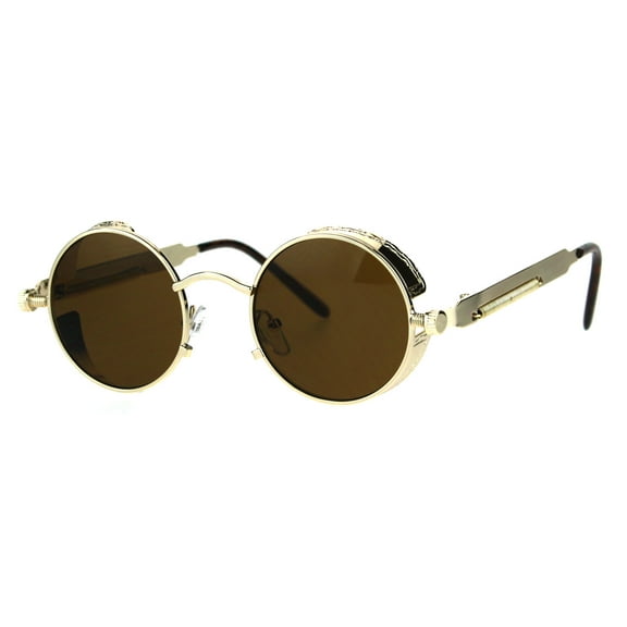 Victorian Vampire Steampunk Round Circle Lens Vintage Style Metal Sunglasses Gold Brown