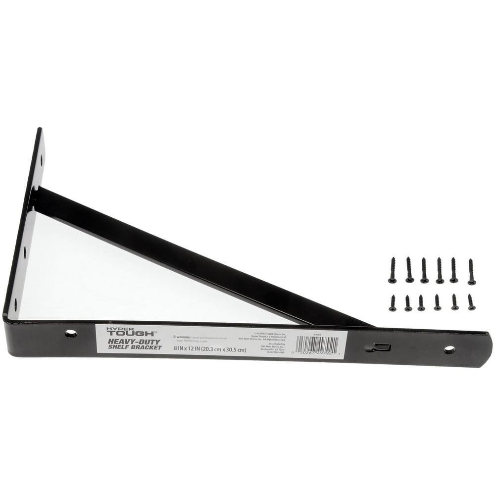 Hyper Tough Heavy Duty Shelf Bracket, 8" x 12" Black, Mounting Hardware