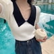 thumbnail image 1 of Blusa de punto con cuello vuelto, blusa de mujer de manga corta con bloques de color y cuello vuelto, camisa de punto de manga corta abullonada con acabado de lujo, 1 of 9