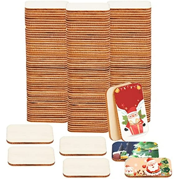 150 Pcs Rectangle Unfinished Wood Pieces 1.3x1.9" Blank Natural Wood Slices Craft Supplies Pyrography Wooden Cutouts Ornaments with Round Corner for Painting DIY Carving Wedding Christmas