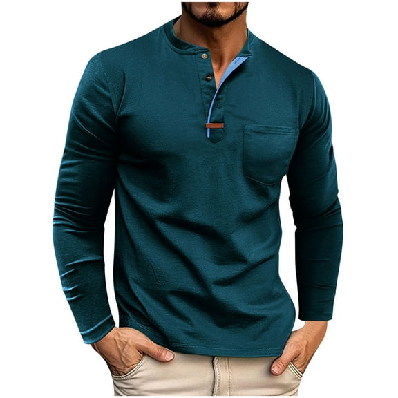 Timoontee Tee Shirts for Men Long Sleeve Crew Neck Fall and Winters Casual T-Shirts Modern Fit Breathable Solid Color Button Shirts with Pocket Blue XXXL