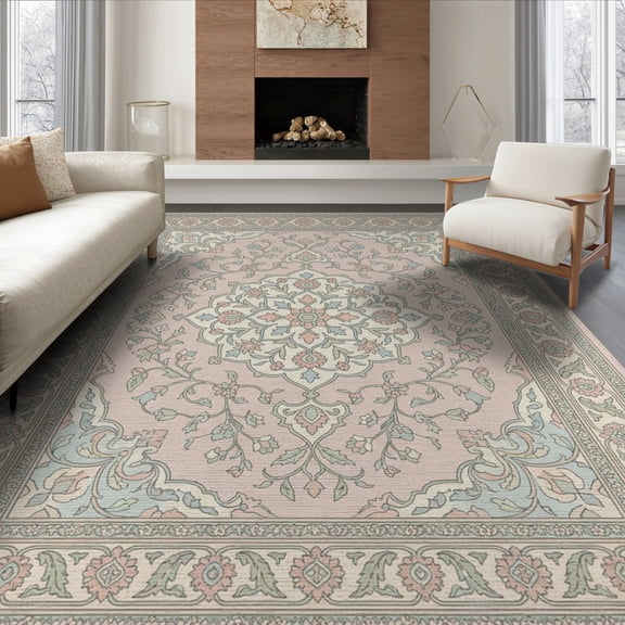 ODIKA 8'x10' Washable Area Rug Whimsical Vine Border Blush Dorm Pastel Nursey Oushak Pink Playful for King Size Bedroom Under Bed, Master Suite, Non-Shedding, Easy Care