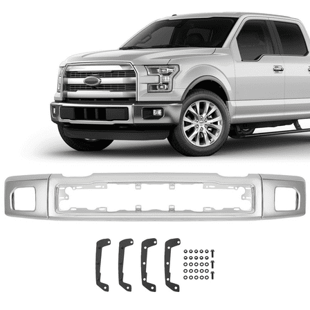 Heavty Duty Split Style (3pcs)Chrome Steel Front Bumper Face Bar For 2015-2017 Ford F-150 w/ Fog Light Holes