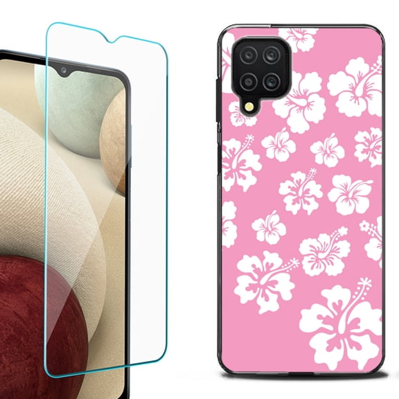 Slim-Fit Flexible TPU Gel Phone Case (black) for Samsung Galaxy A12, with Tempered Glass Screen Protector, by OneToughShield ® - Hibiscus Pink