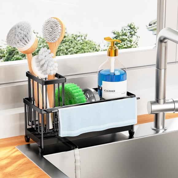 Soporte de esponja Cisily para fregadero de cocina con toallero de acero inoxidable